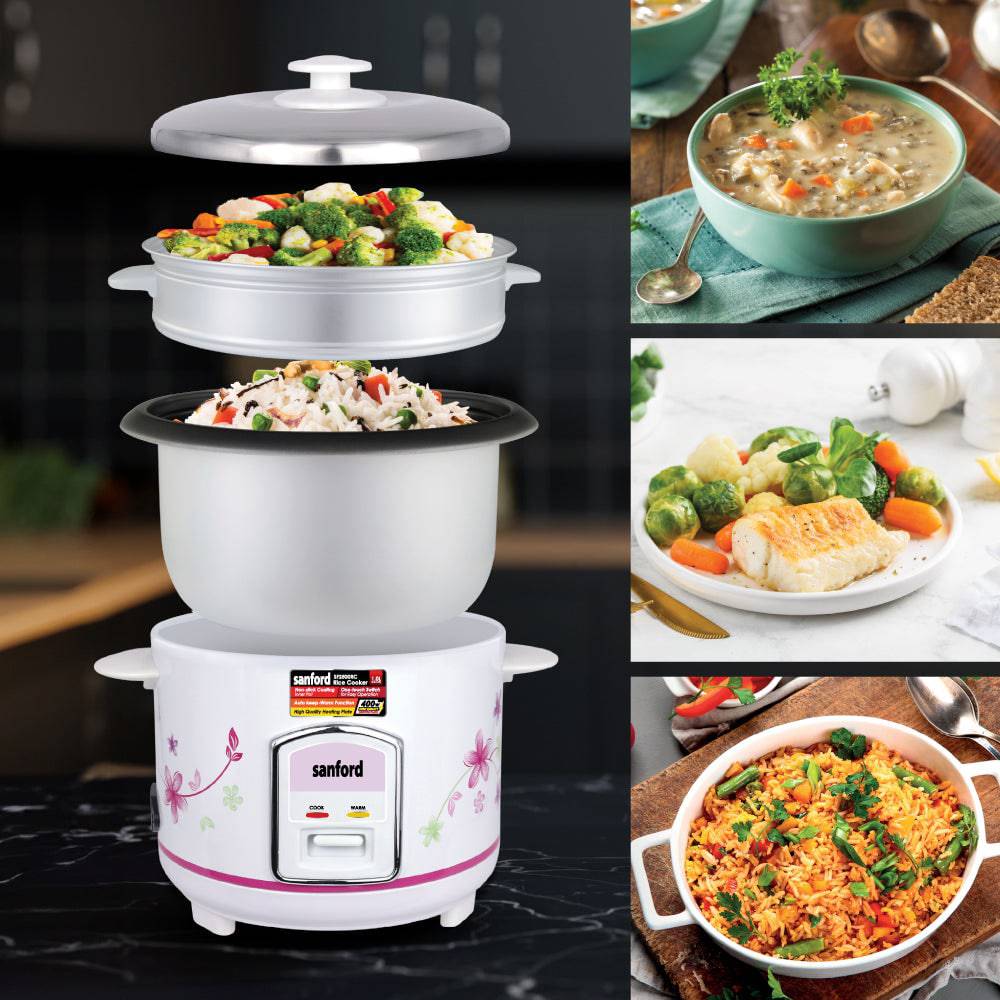 Sanford rice cooker complete with steamer, measuring cup and paddle