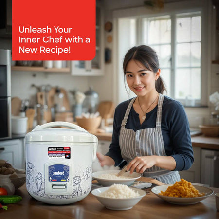 Sanford 1.5-liter rice cooker showing compact design with glass lid