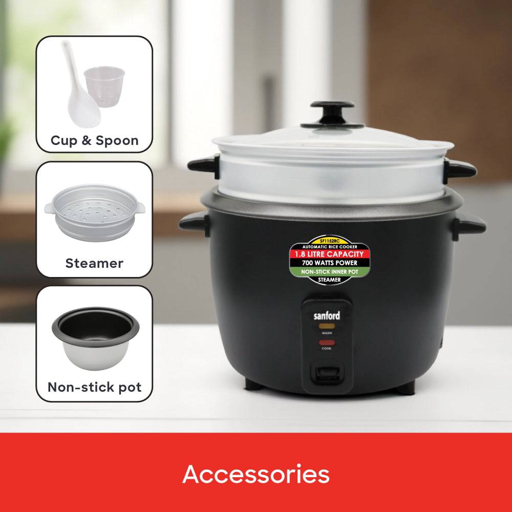 Sanford 1.8L rice cooker control panel with cook and warm indicators