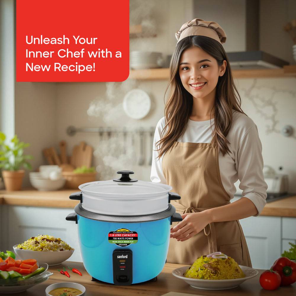 Sanford 1.8-liter rice cooker showing medium capacity for family meals