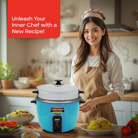 Sanford 1.8-liter rice cooker showing medium capacity for family meals