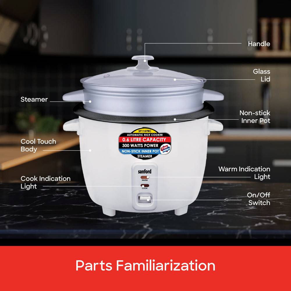 Sanford  600 ml Electric Rice Cooker With Steamer | SF1157RC - SANFORD MIDDLE EAST DWC L.L.C